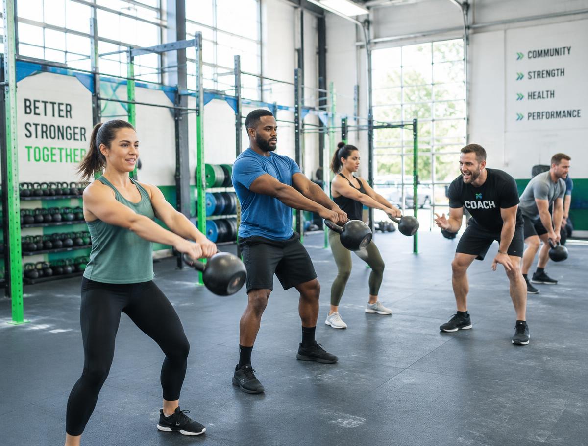 Clase grupal haciendo kettlebell swings